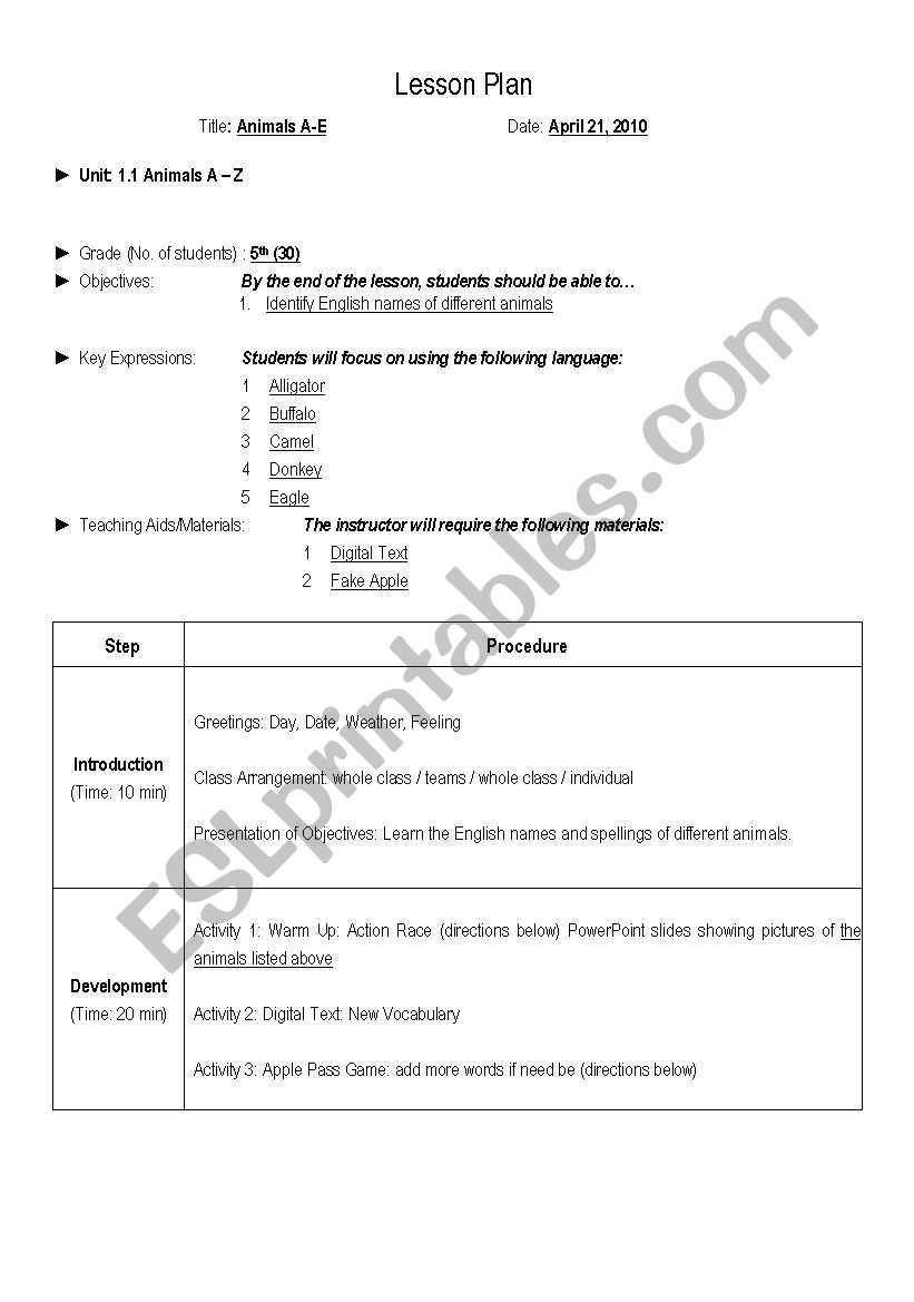 Animals A-E worksheet