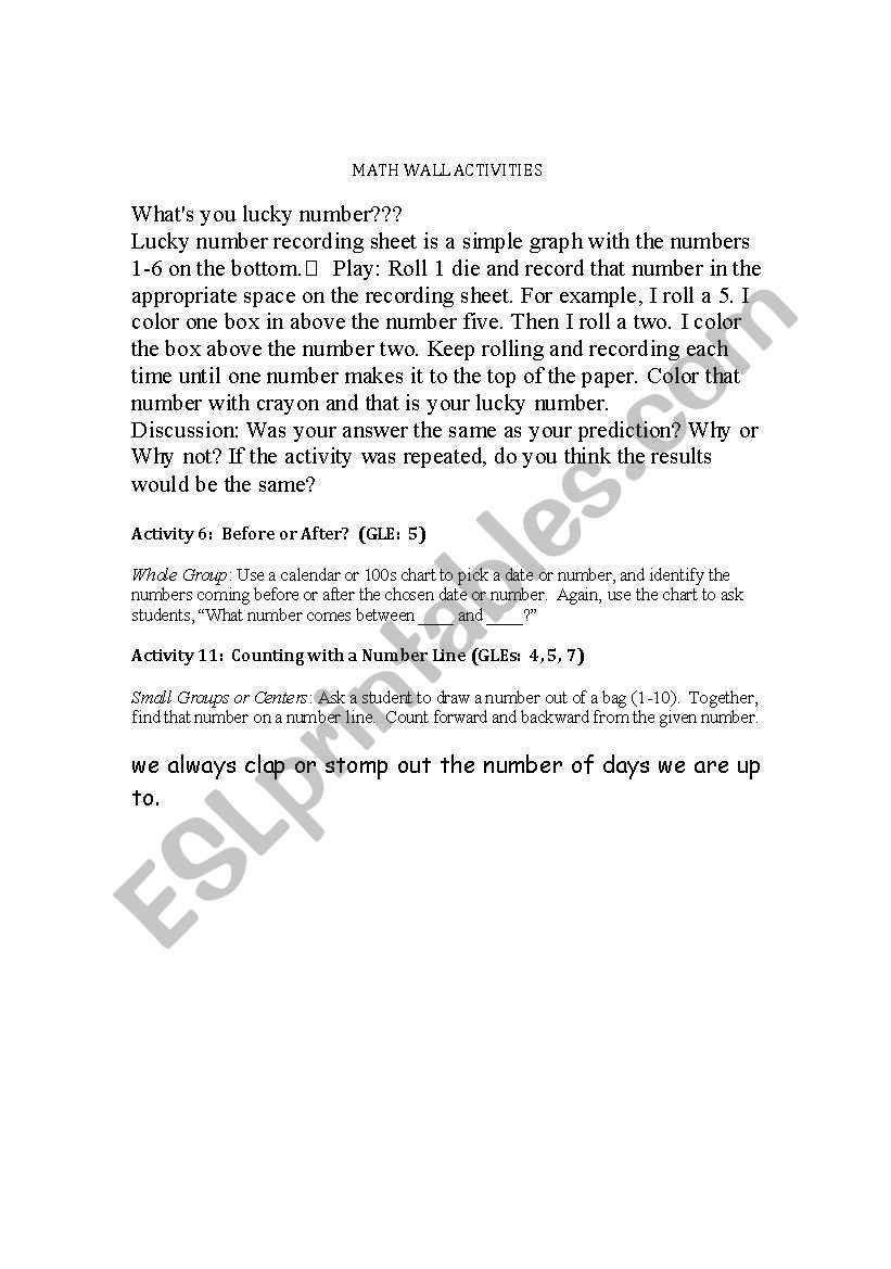 Math wall activities worksheet
