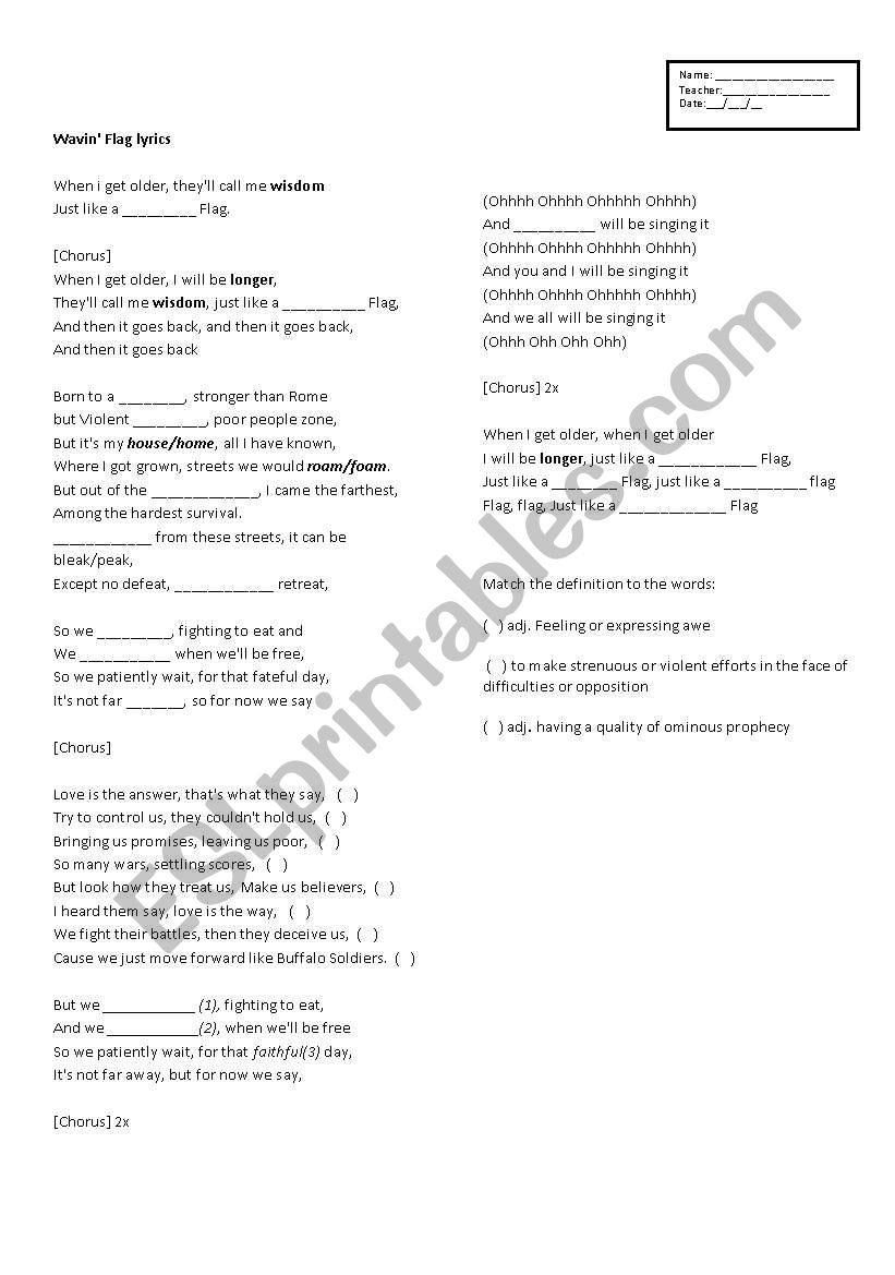 Wavin Flag worksheet