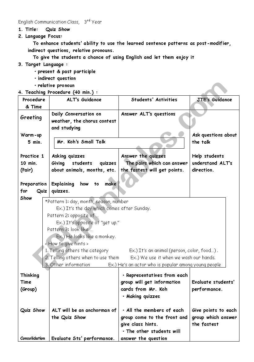 Quiz Show worksheet