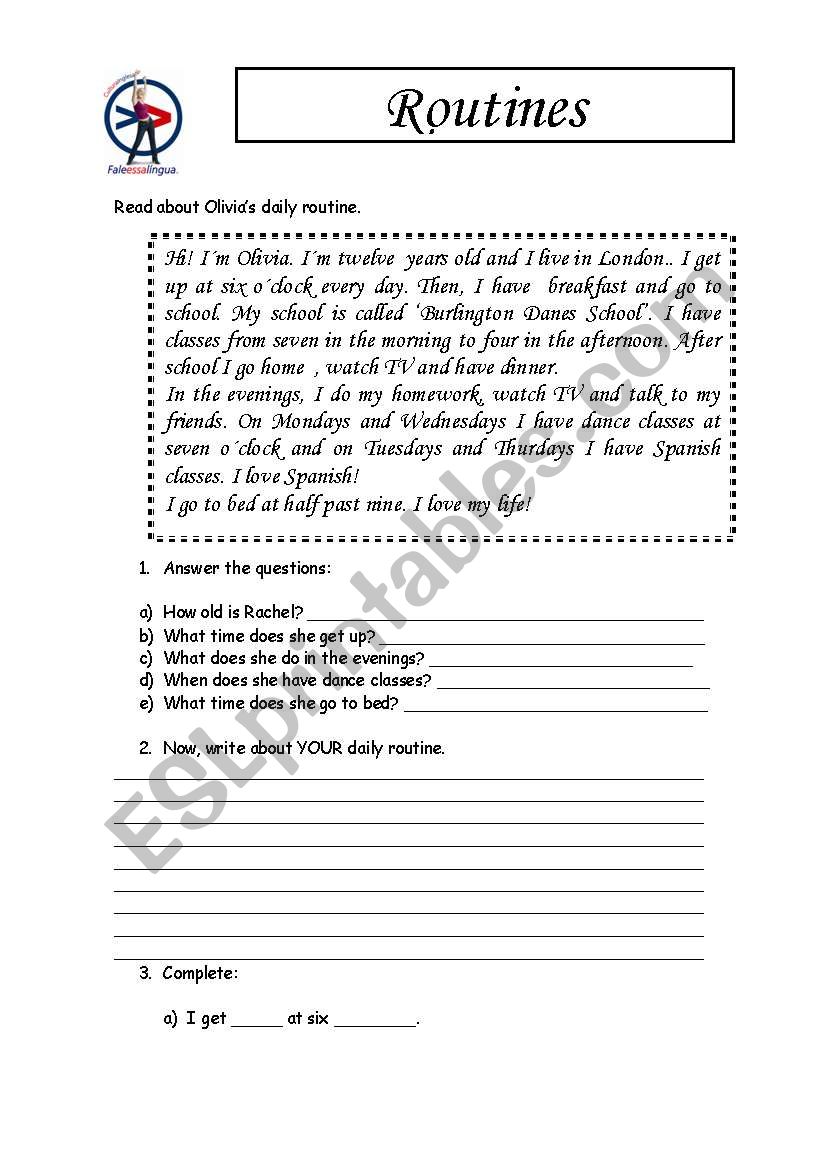 routines reading and complete worksheet