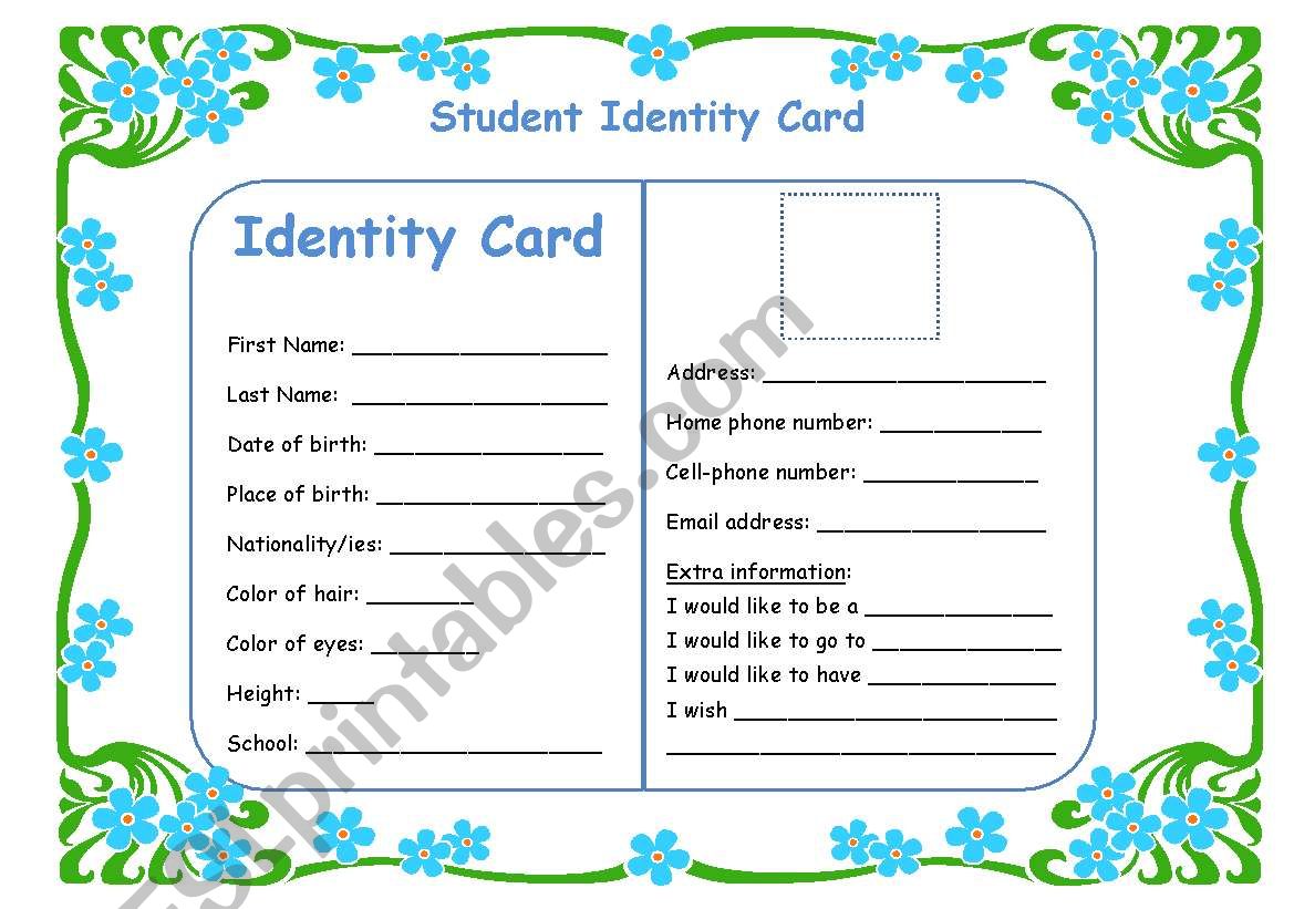 Student Identity Card worksheet