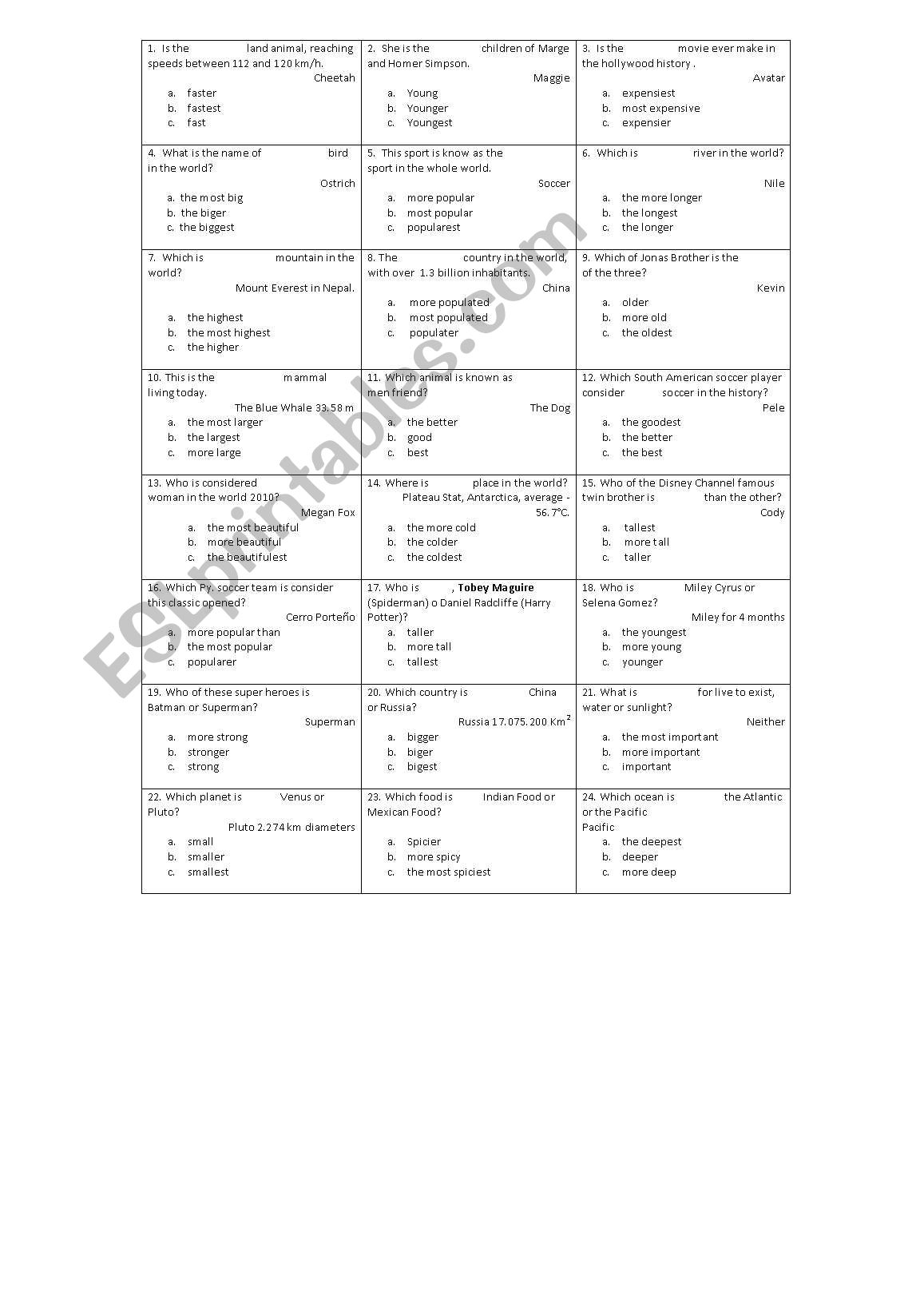 Comparative and Superlative Trivia Game