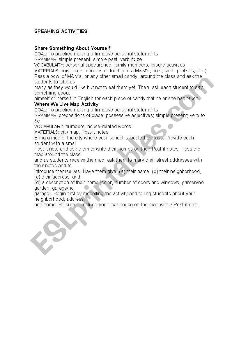 SPEAKING ACTIVITIES worksheet