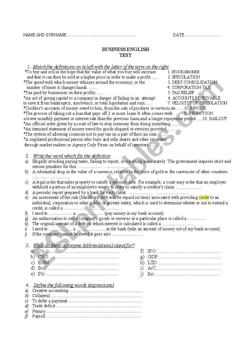 Business english test worksheet