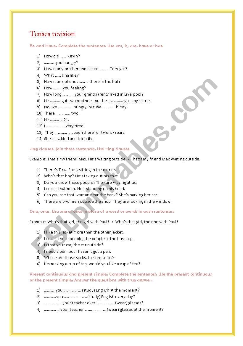 Tenses Revision worksheet