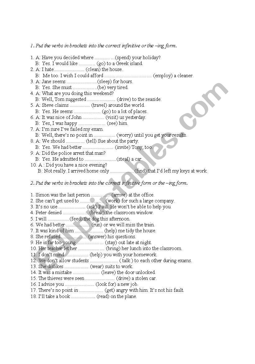 Infinitive worksheet