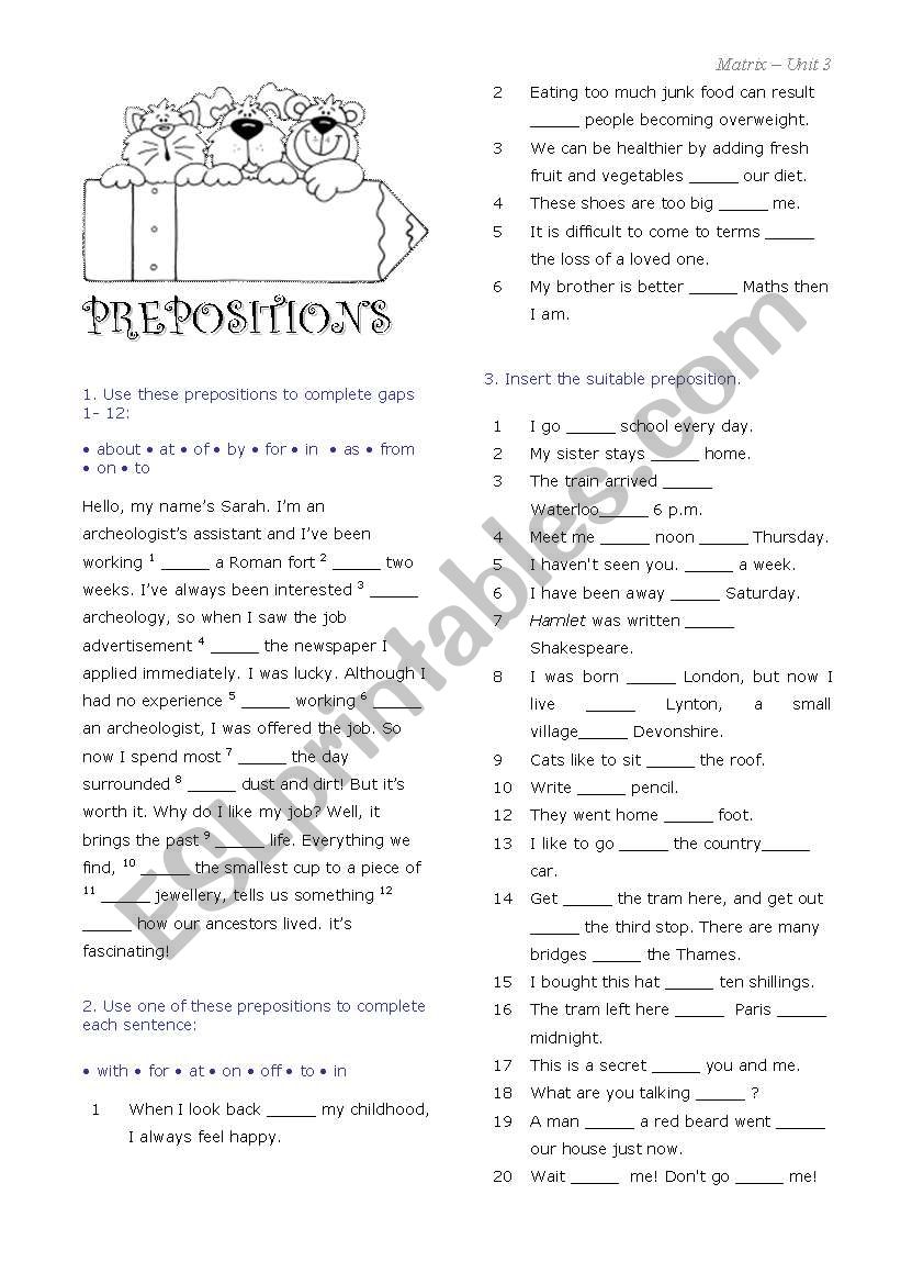 Prepositions worksheet