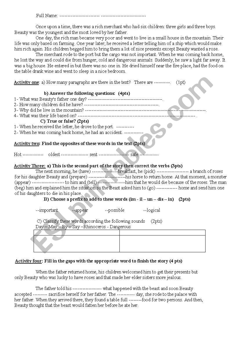 a reading worksheet