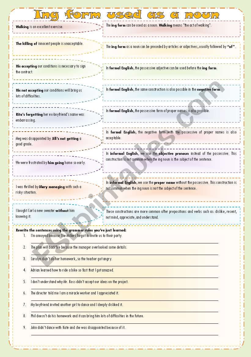 ING form used as a noun (grammar guide, examples and exercises) ***fully editable