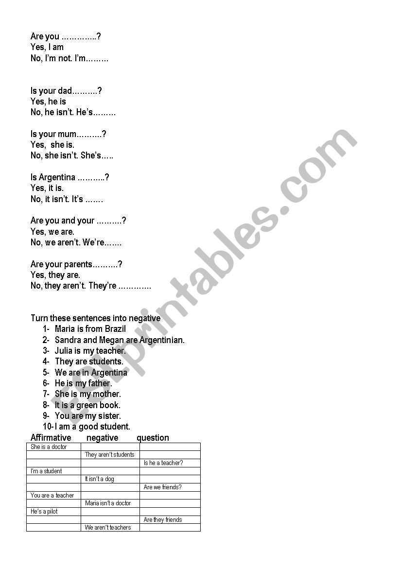 verb to be worksheet