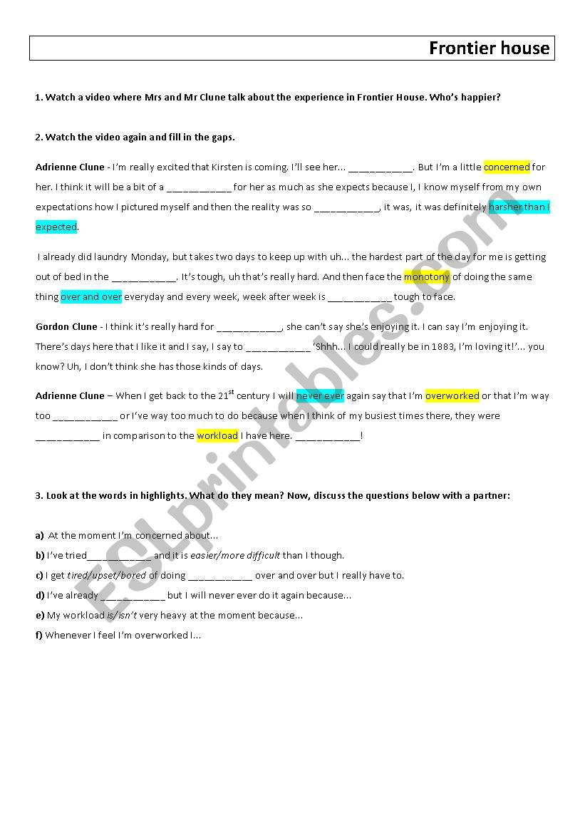 Frontier House worksheet