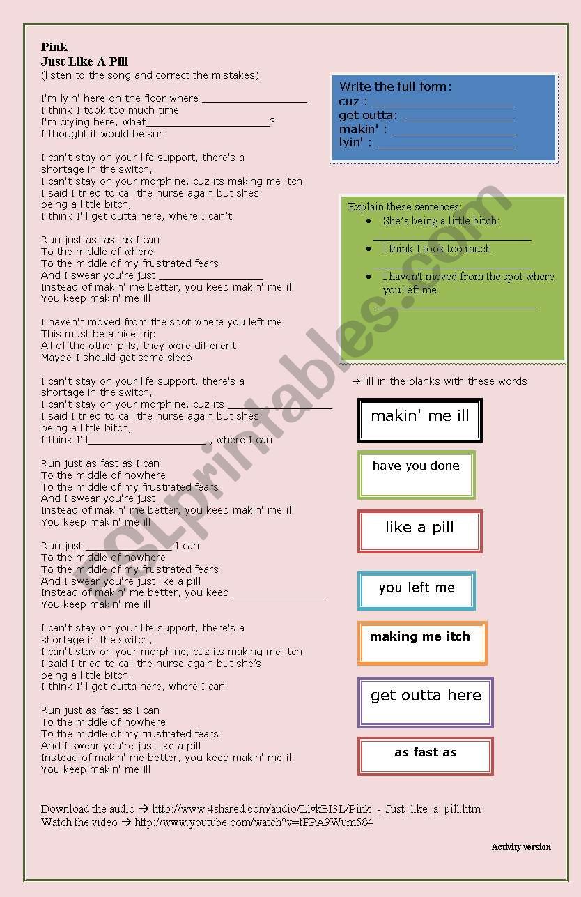 SONG: Pink - Just Like A Pill worksheet