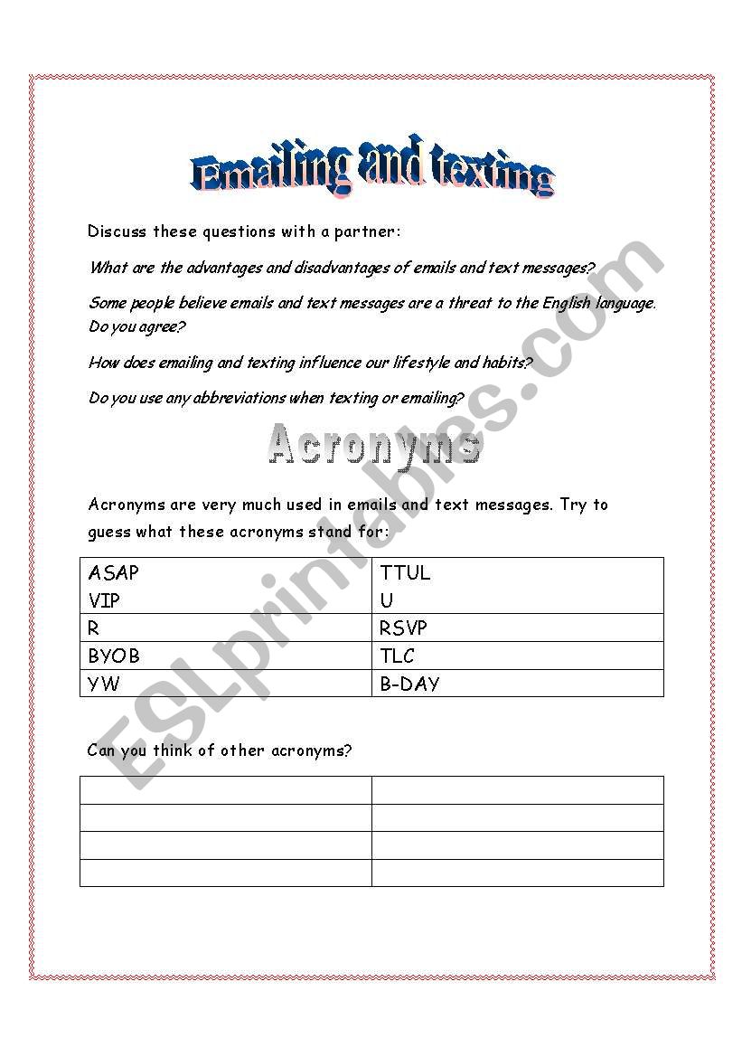 Email and Text Language worksheet