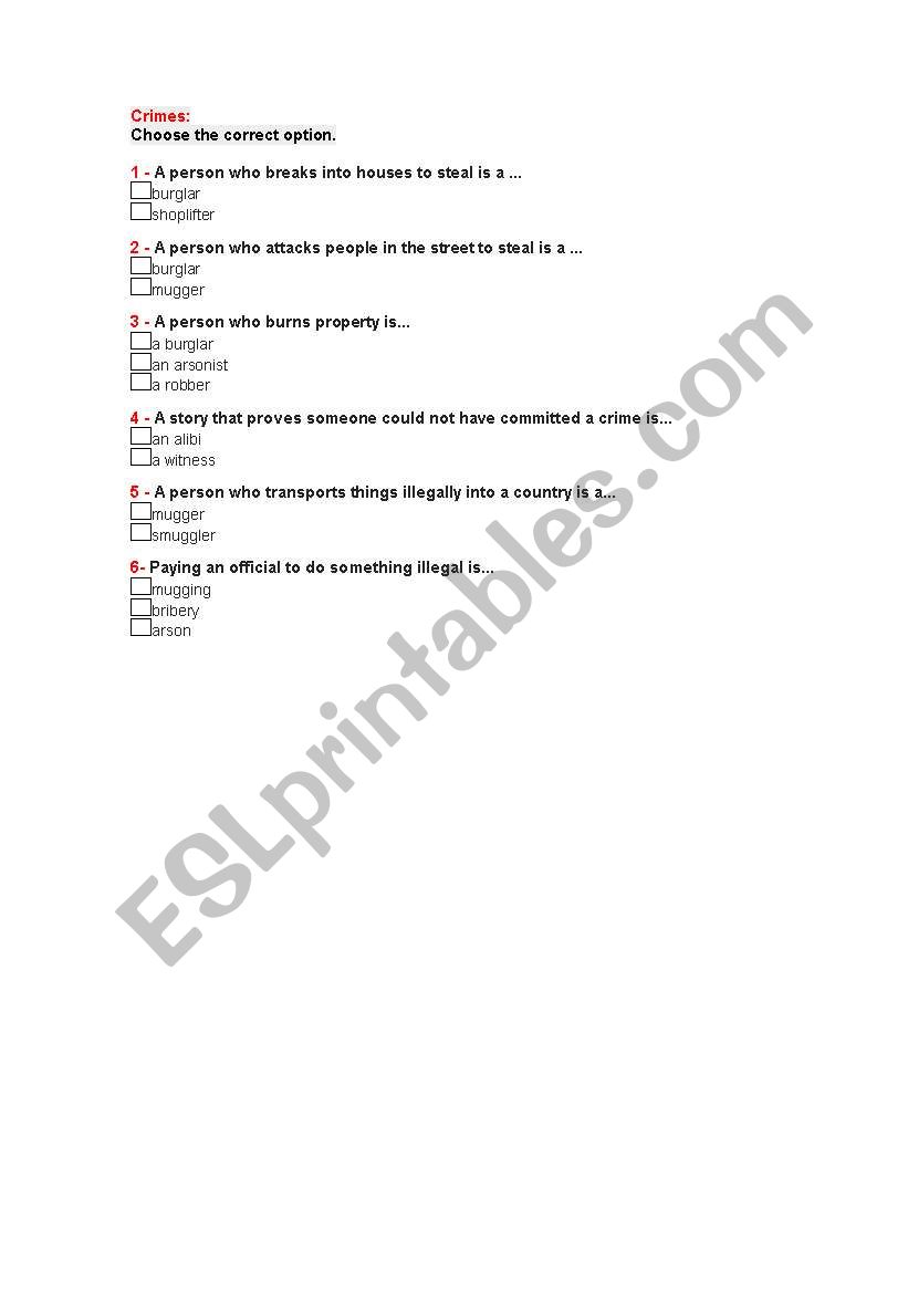 Crime Vocabulary Test worksheet