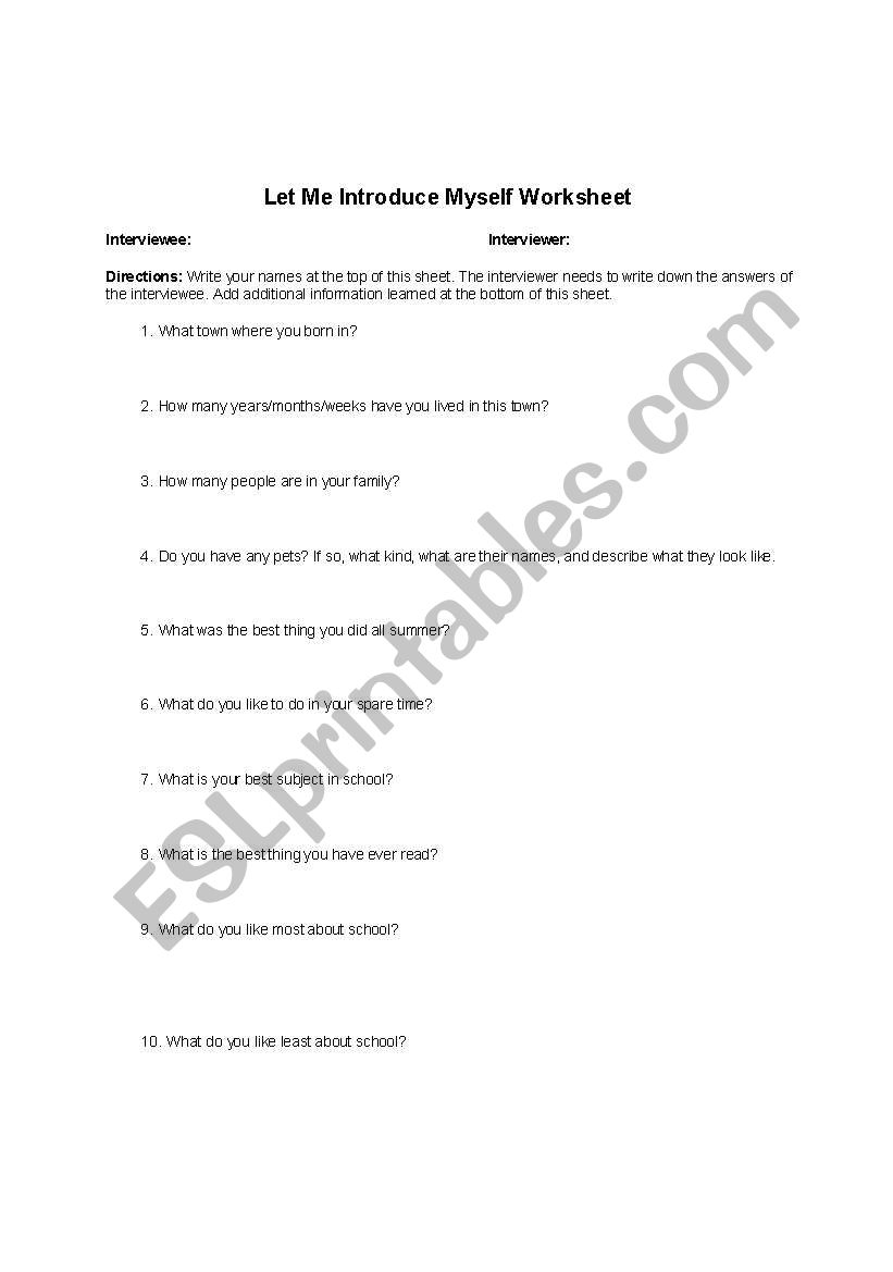 Student Interview Worksheet First Day of School Introduction Activities