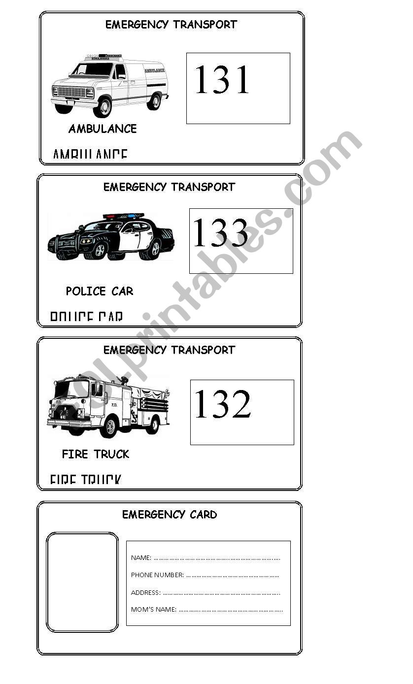 English worksheets: emergency cards