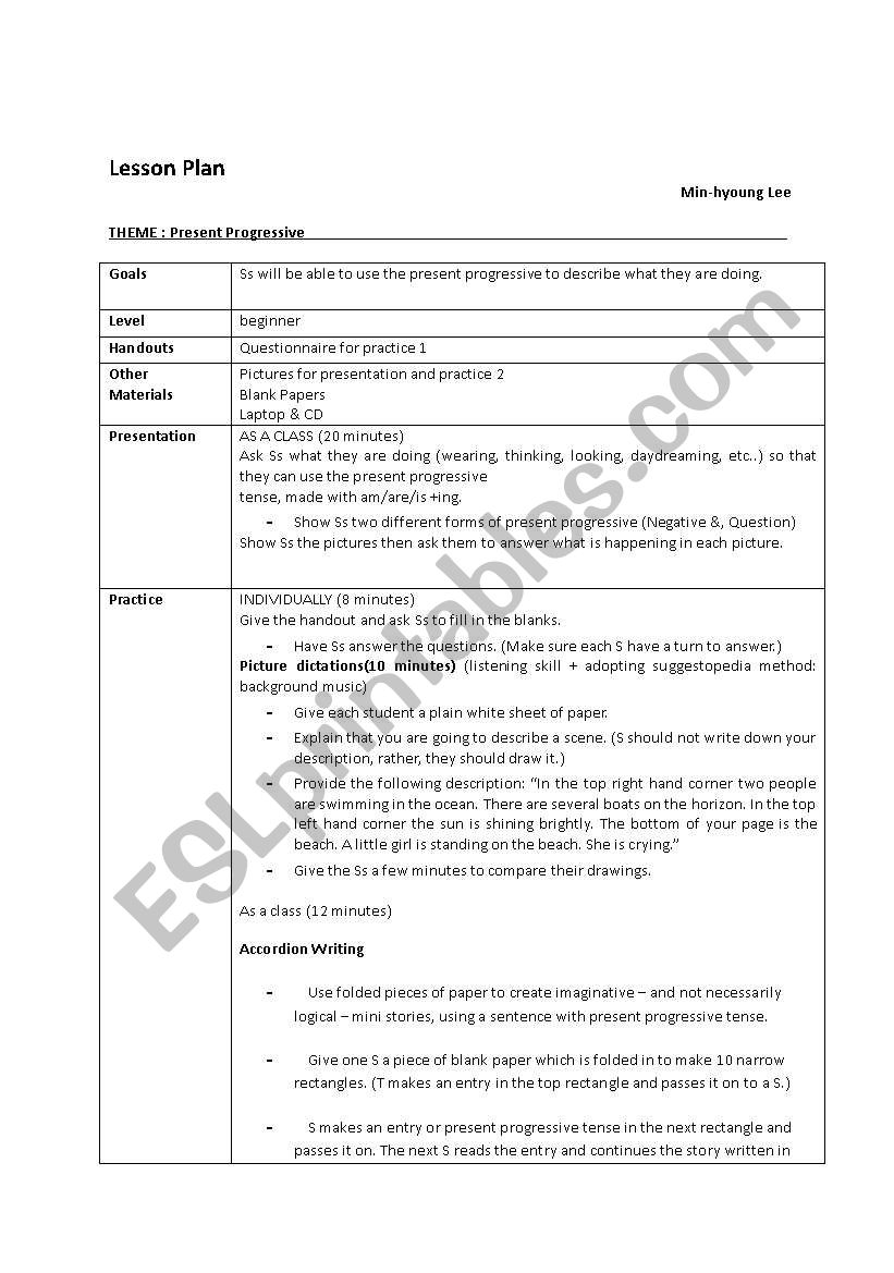 lesson plan for preesnt continuous