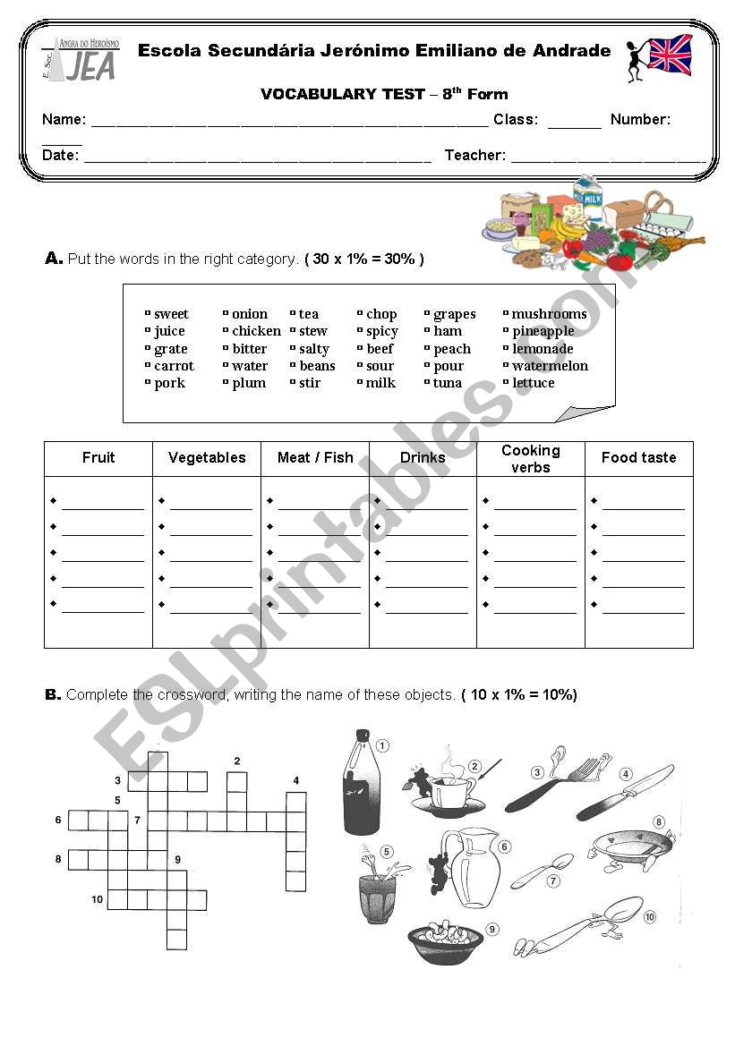 Food Vocabulary test worksheet