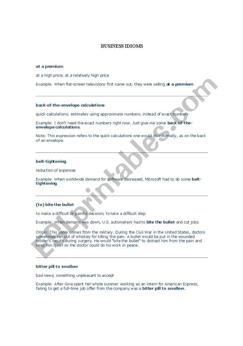 business idioms worksheet