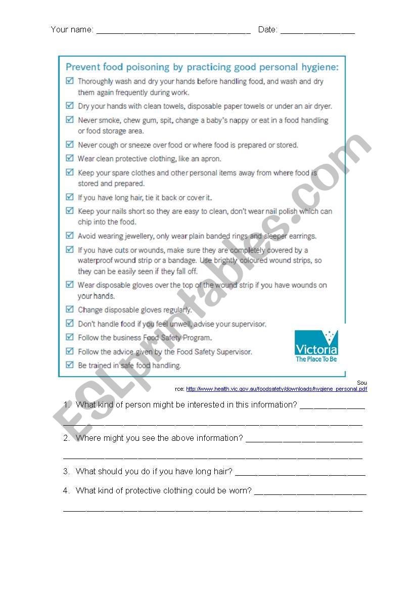 Personal hygiene and food worksheet