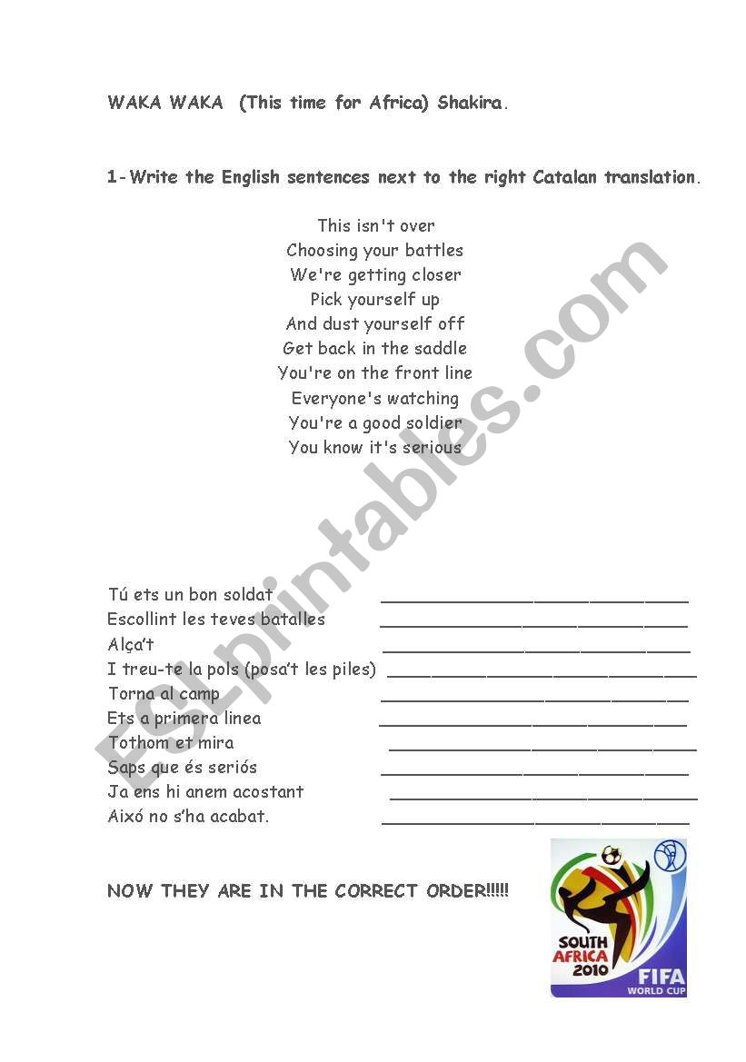 Waka waka worksheet