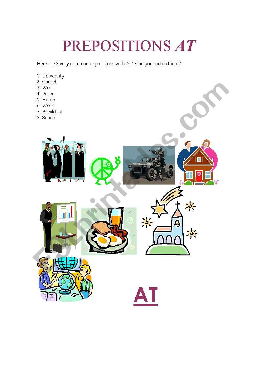 PREPOSITIONS, AT worksheet