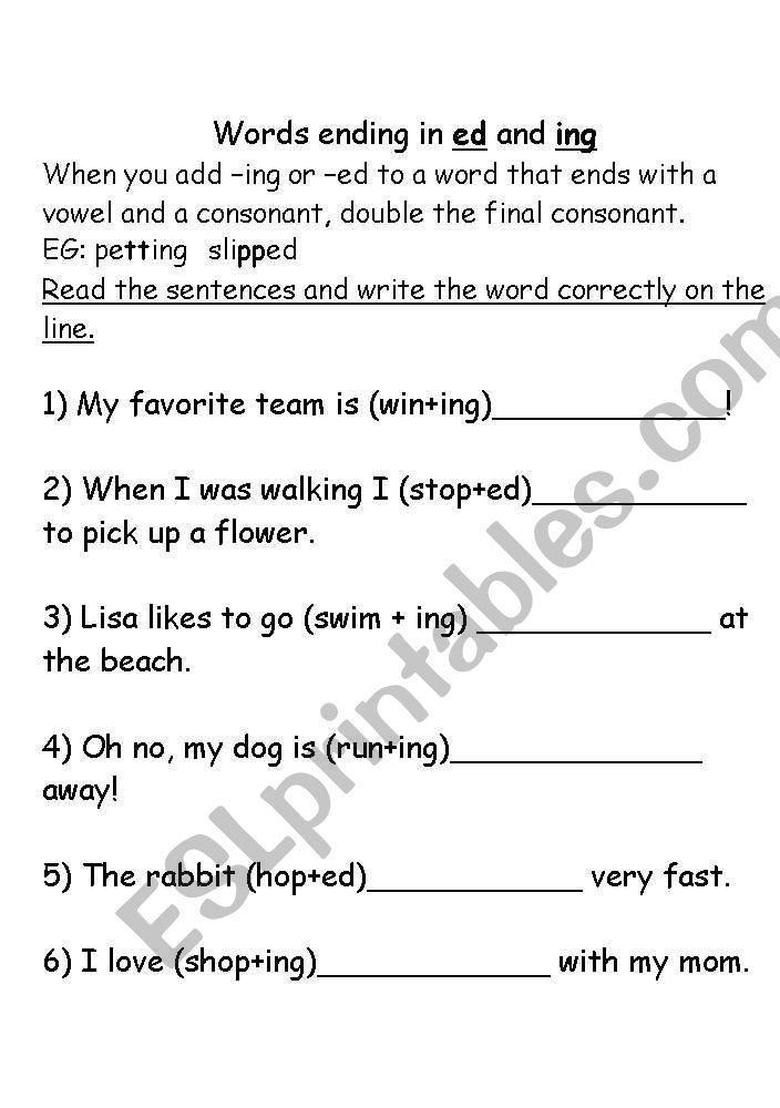 words ending in ed and ing worksheet