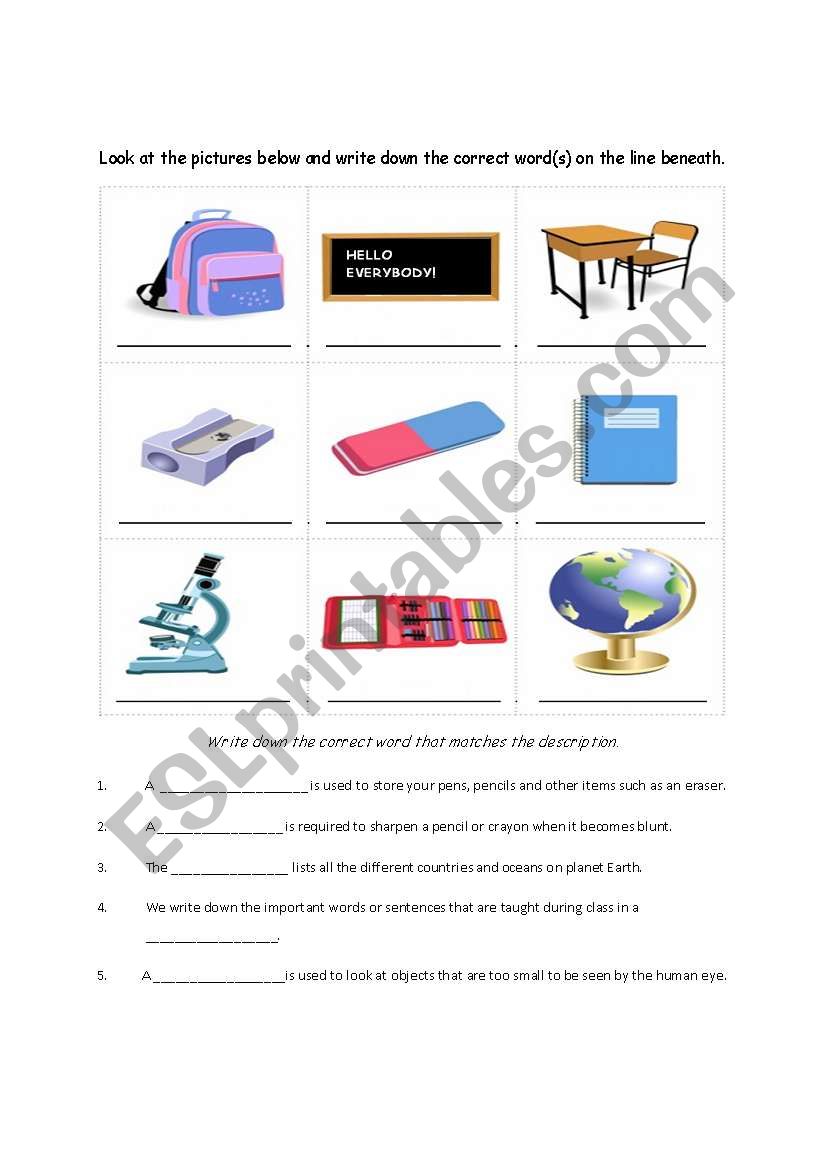 School and Classroom Objects  worksheet