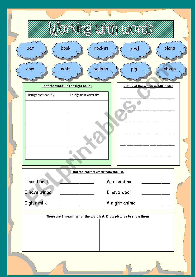 Working with words worksheet