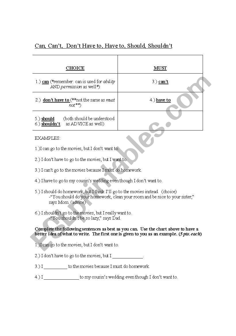 Can vs. Should vs. Have to worksheet