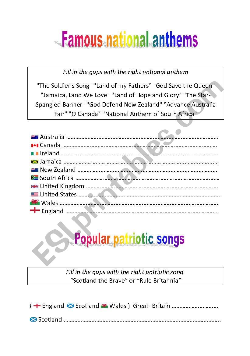 famous national anthems worksheet