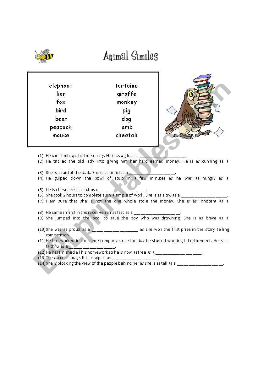 Animal Similies Worksheet worksheet