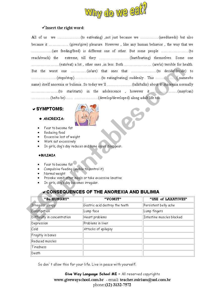 Why do we eat? worksheet