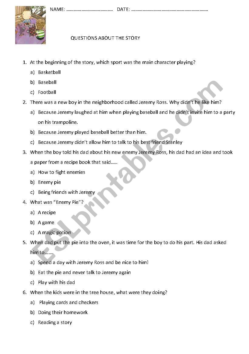 english-worksheets-multiple-choice-reading-comprehension-worksheet-for-the-book-enemy-pie