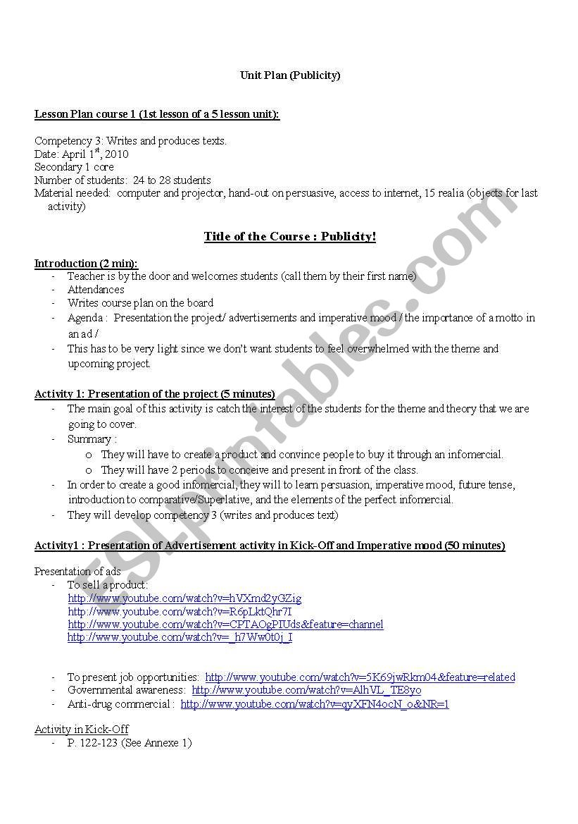 infomercial lesson plan 1 worksheet