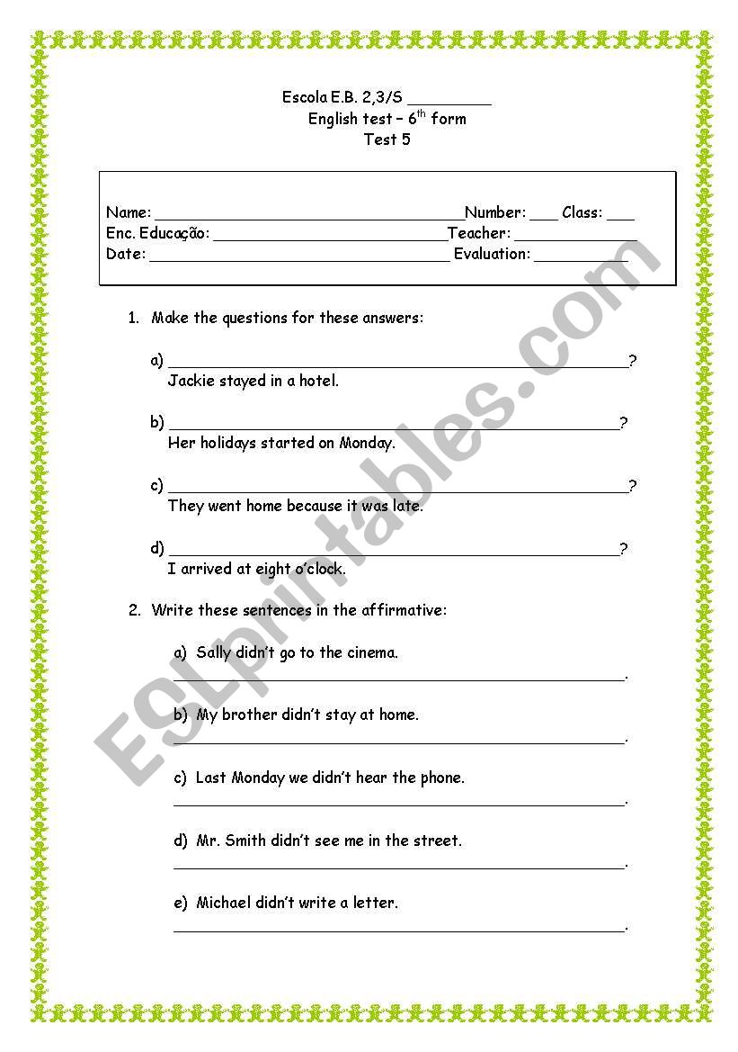 English test - 6th form worksheet