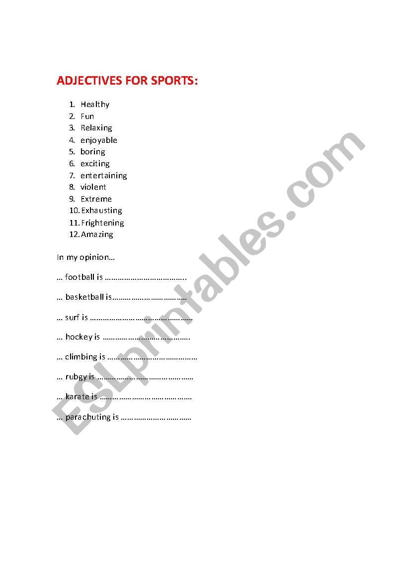 Adjectives for SPORTS worksheet