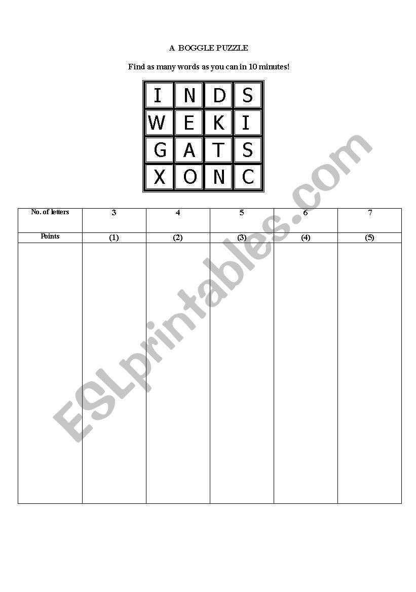 Word Boggle worksheet