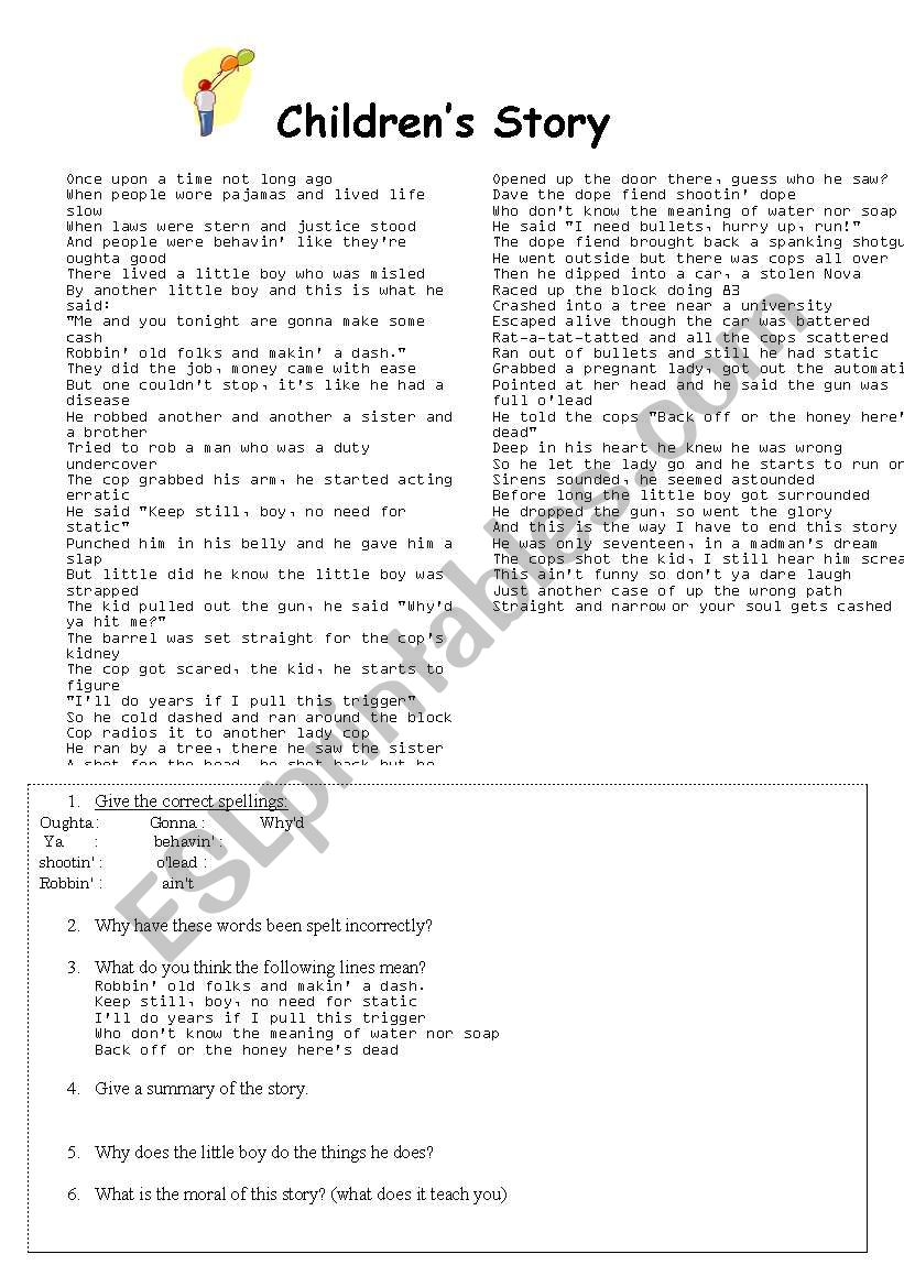 children´s story worksheet