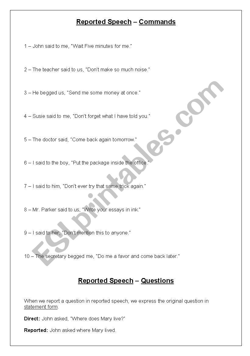 reported speech exercises questions commands