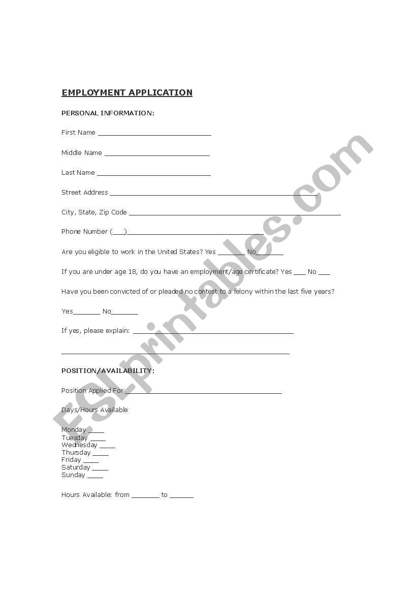 Simple Employment Application worksheet