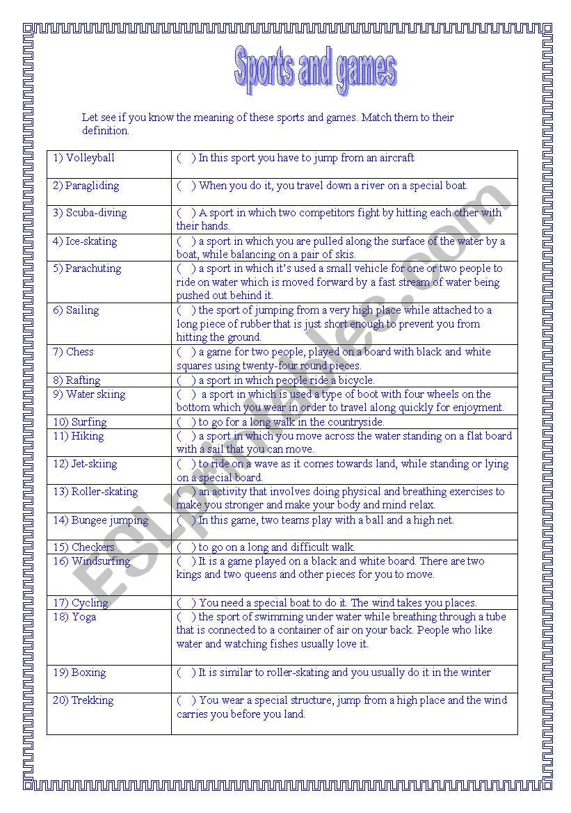 Sports and games worksheet