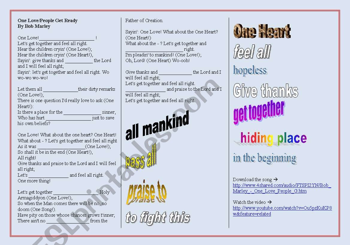 SONG: Bob Marley - One Love worksheet