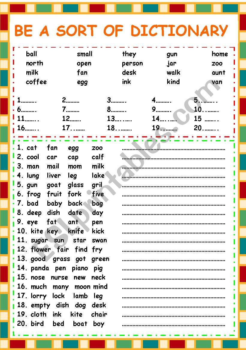 Arrange  dictionary worksheet