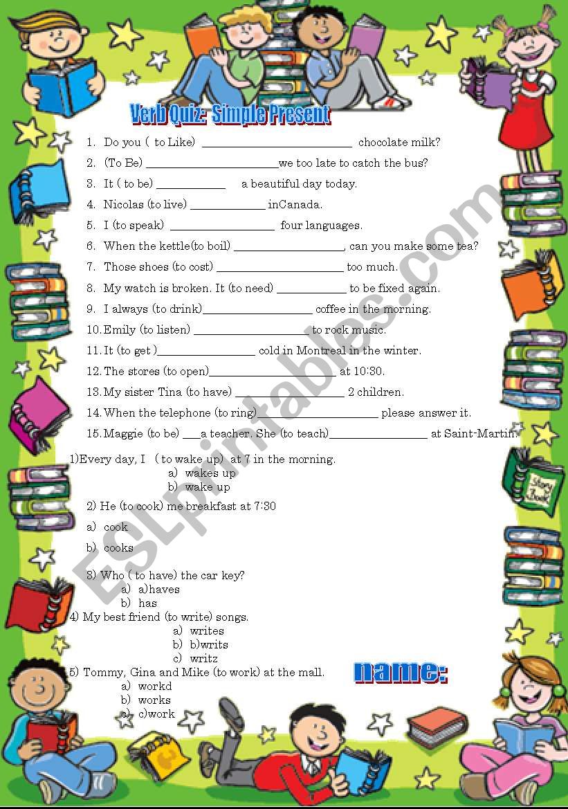 Simple present verb quiz worksheet