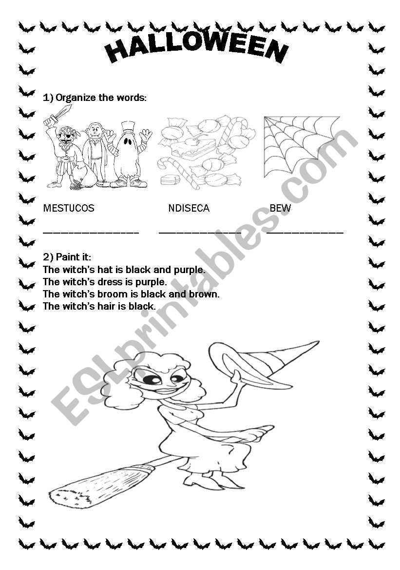 HALLOWEEN -02 pages (organize the letters, color the witch and complete the words)