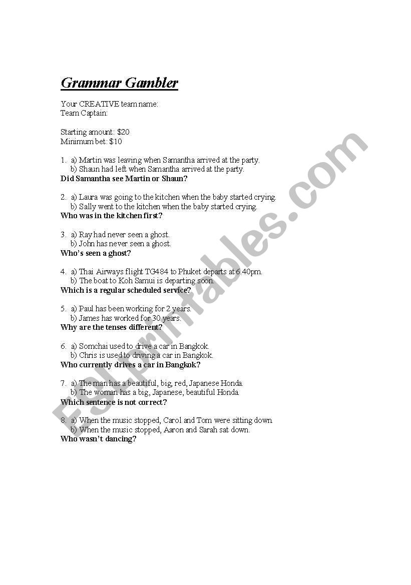 Grammar Gambler worksheet