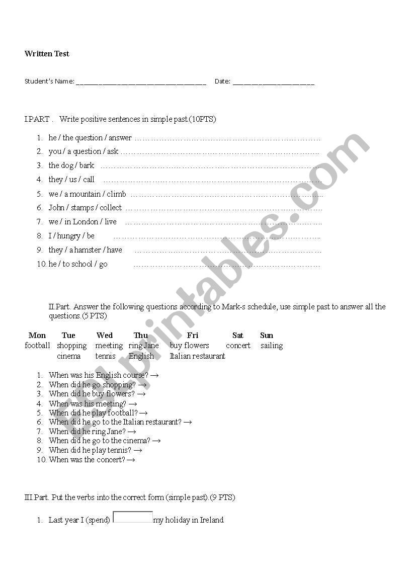 Test on Simple Past  worksheet