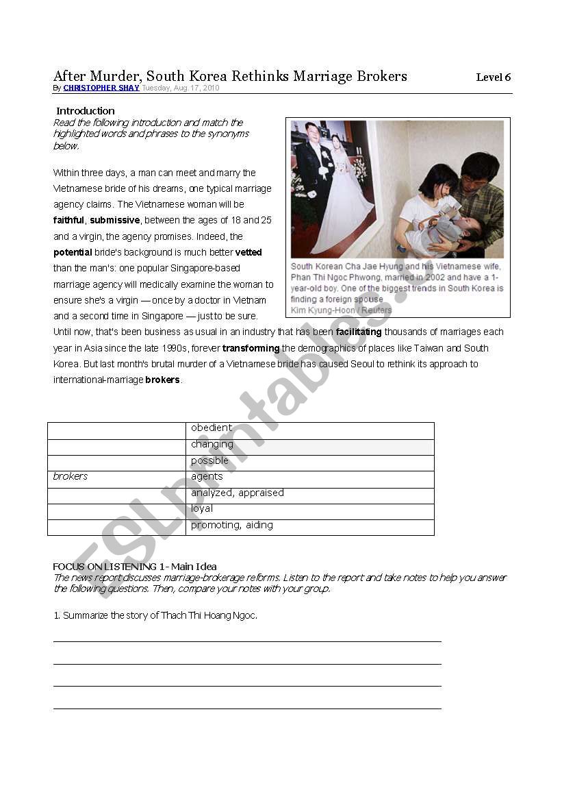 International Marriages worksheet